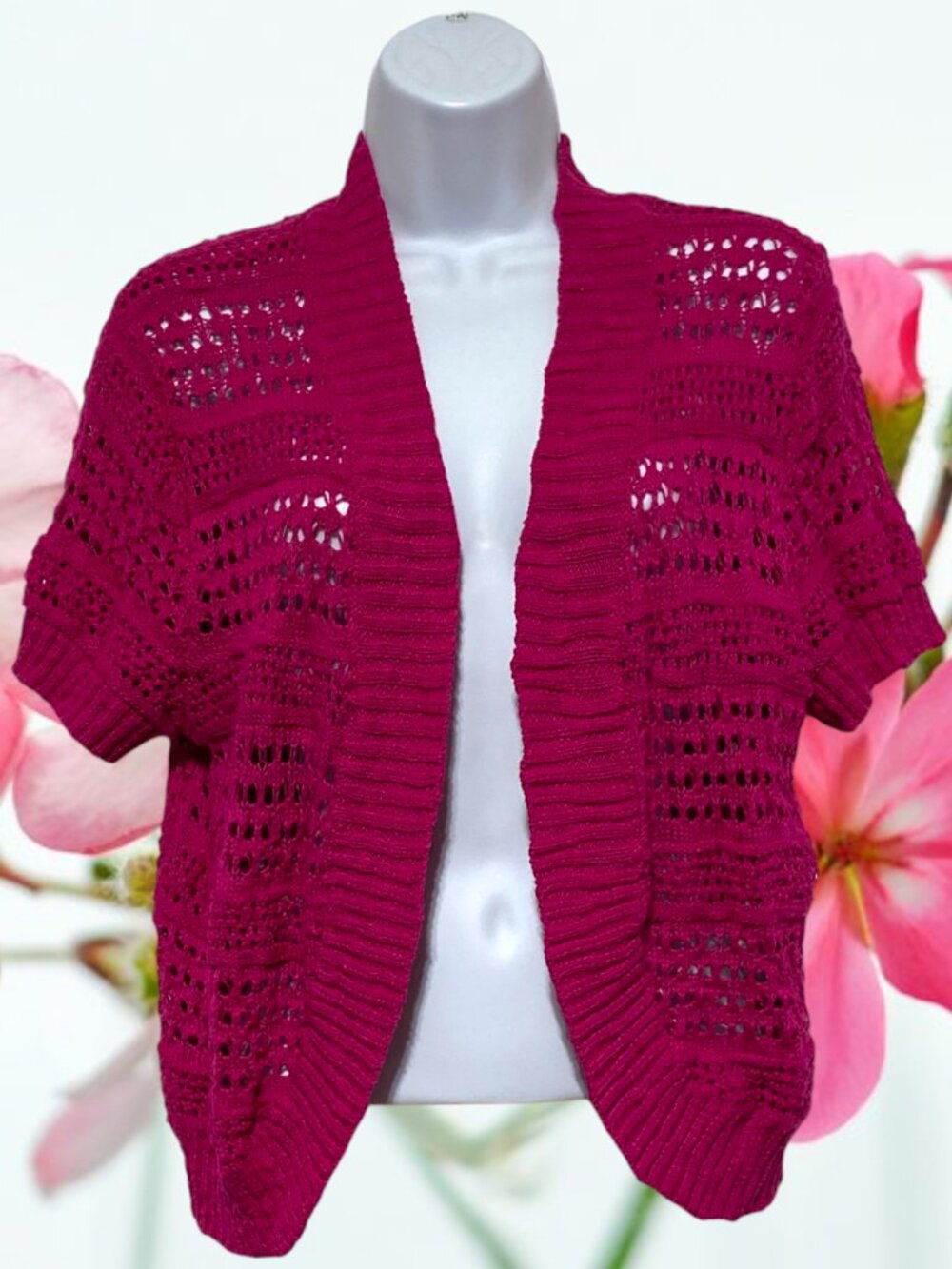 Covington-Women's Large Pink Open Cardigan Sweater Short Sleeve Cotton-Acrylic